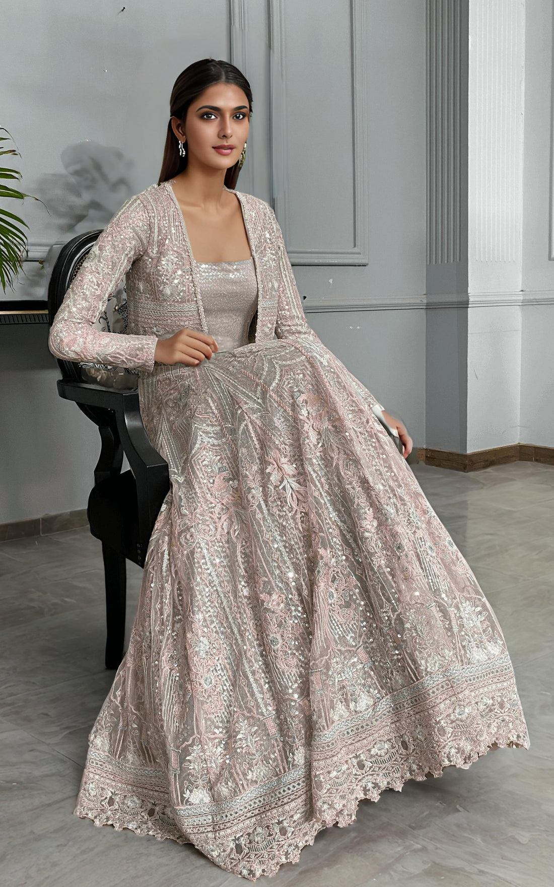 Threads and Motifs | Formal Dresses 25 | Net Embroidered Jacket With Lehenga
