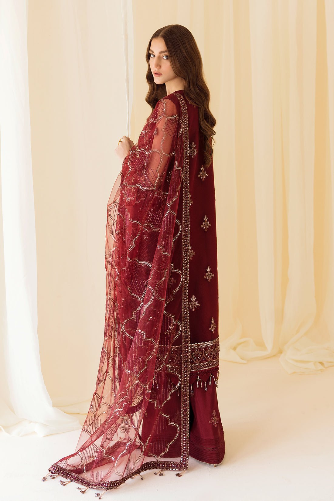 Alizeh | Formals Collection | Embroidered Net Maroon - V14D08 - Raya