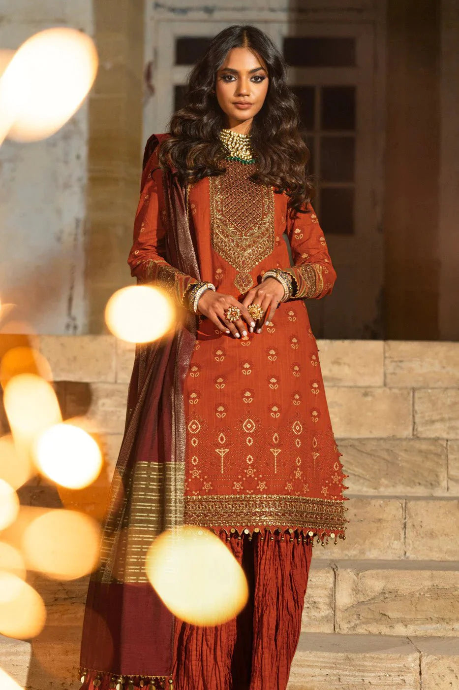 Alkaram | Spring Summer Festive 24 | Embroidered Two Way Slub Rust