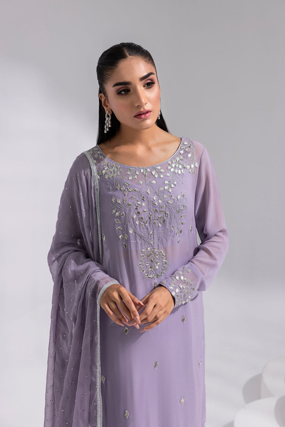 Amani | Aira Festive Wear | ZARIN ÃÂ¢- Gota Embellished Georgette Shirt with Wide-Leg Pants &amp; Mukesh Dupatta